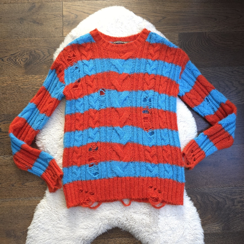 Andersson Bell Distressed Punk Orange and Blue Striped Unisex Wool Sweater